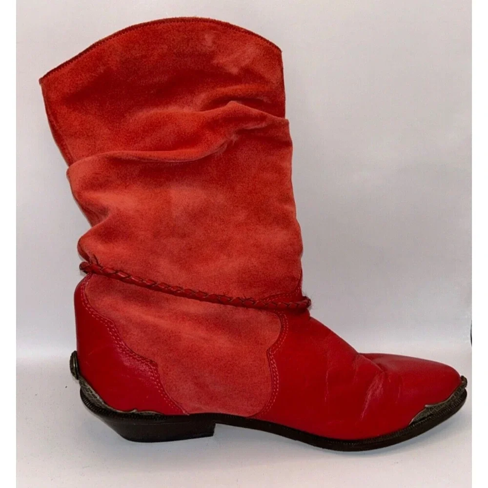 ZODIAC Vintage 80s Lauper Red Leather Slouchy Cowboy Boots Womens 6.5 Charm‎
